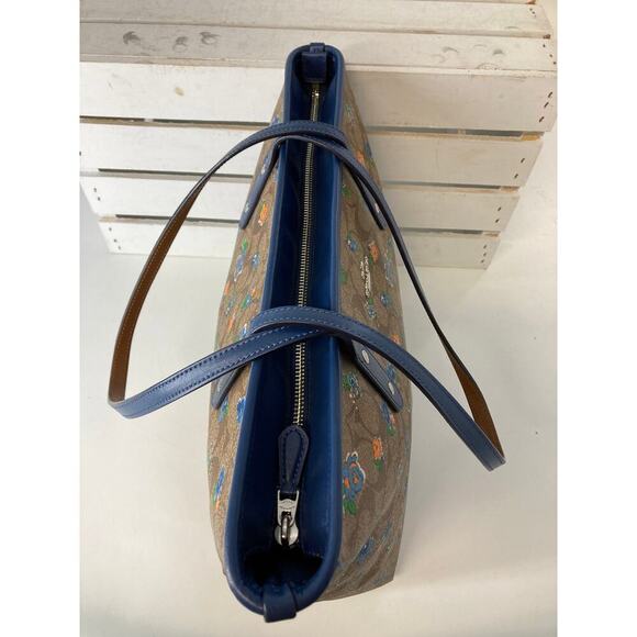 COACH F57888 LARGE BROWN, BLUE SAFFIANO FLORAL SHOULDER BAG - Picture 10 of 15